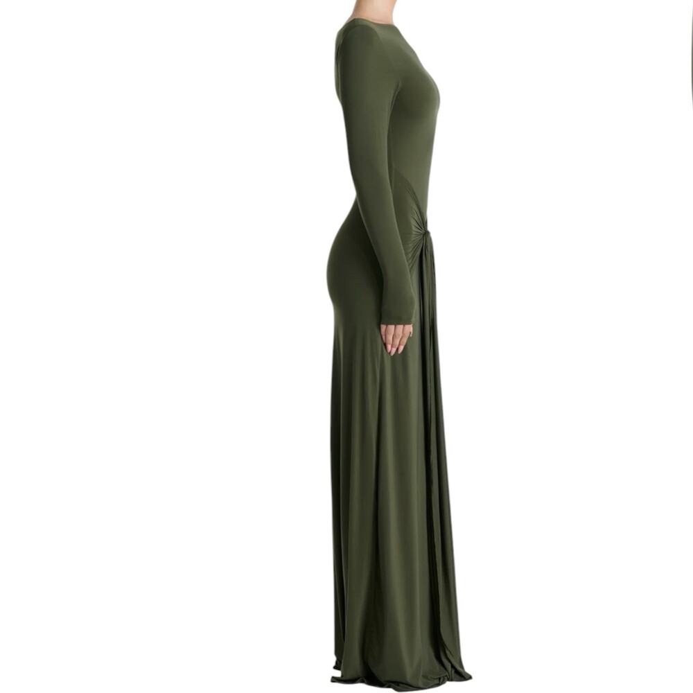 NWOT Naked Wardrobe Tie Waist Long Sleeve Maxi Dress Medium Green Stretchy - Picture 2 of 8